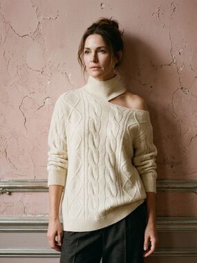 BiBi Chic Cream Asymmetrical Cable-Knit Sweater Soft Feeling & Luxurious Looking